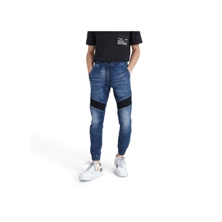 DAVIE JONES กางเกงจ็อกเกอร์ ยีนส์ เอวยางยืด ขาจั๊ม สีกรม สีดำ สีเทา Drawstring Denim Joggers in navy black GP0110BK GP0111NV GP0112GY