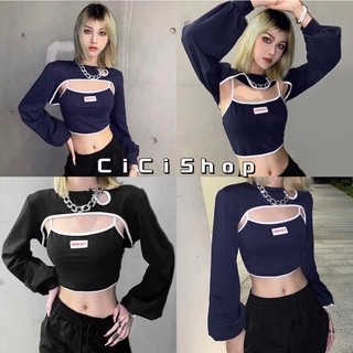 Cicishop(85083)SET 2ชิ้นเสื้อแขนยาวคลุมไหล่+สายเดี่ยว มินิเดรสคอกว้างลายทาง แต่งกระเป๋าหน้าใส่สบาย สไตล์เกาหลีน่ารัก