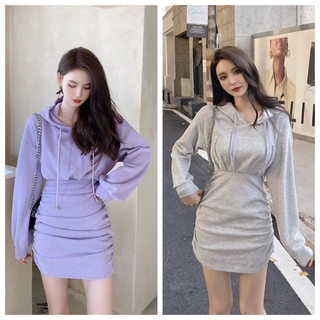 Cat Girl Hoodie Dress Size M L XL เดรสแขนยาว เดรสสั้น มีฮู้ด หูแมว เดรสเข้ารูป เซ็กซี่ ผ้าหนานุ่ม เดรสสปอร์ต เท่ๆ สีเทา