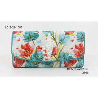 L 019-21-1086 กระเป๋าหนังปลากระเบนสามพับ พิมพ์ลาย ซับสีฟ้า