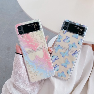 เคสโทรศัพท์มือถือแบบแข็ง ใส ลายผีเสื้อ สีฟ้า สําหรับ Samsung Galaxy Z Flip 5 4 3 ZFlip Flip5 Flip3 Flip4