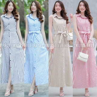 Maxi dress คอปกเขิ้ตแขนกุด ลายริ้ว ติดกระดุมด้านหน้า เปิดได้ มีโบว์ผูกเอวปรับระดับได้ ใส่ได้ตลอดไม่มีเอ้าท์