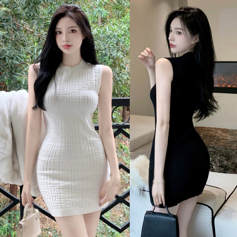 ชุดเดรสลําลอง คอกลม แขนกุด ผ้าแจ็คคาร์ด ผ้าถัก สีพื้น เซ็กซี่ สําหรับผู้หญิง