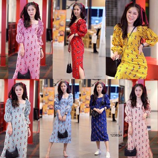 J12383 Maxi Dress เดรส แขนพอง ลายการ์ตูน กับ ลายกราฟฟิก