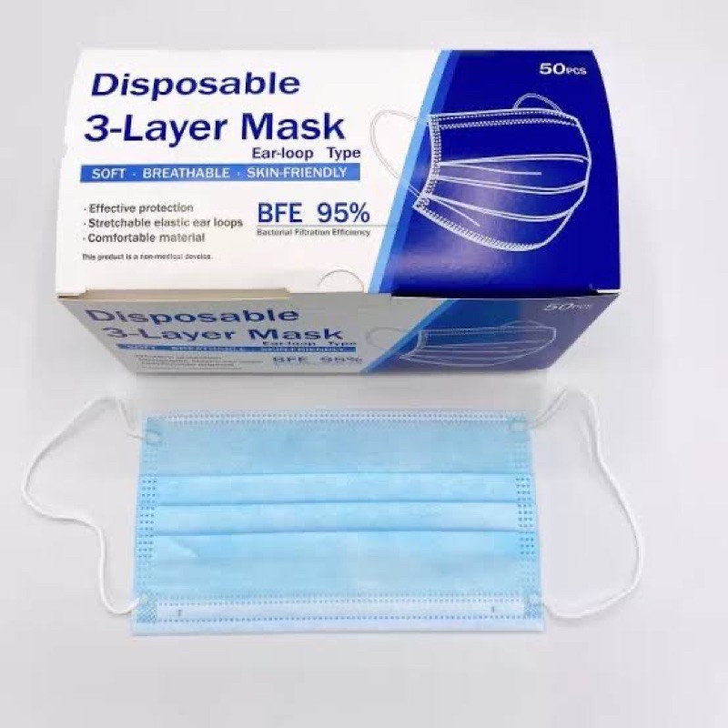 หน้ากากอานามัย Face Mask 3ชั้น(กล่อง 50ชิ้น)แมสสีฟ้าผ้าปิดปากผ้าปิดจมูกราคาถูก