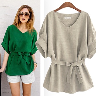 เสื้อผ้าแฟชั่นผู้หญิง คอวีผ้าผ้าฝ้ายและผ้าลินินแขนสั้น แขนค้างคาว พลัสไซส์  ทรงหลวม  ท็อปส์ สวย น่ารัก