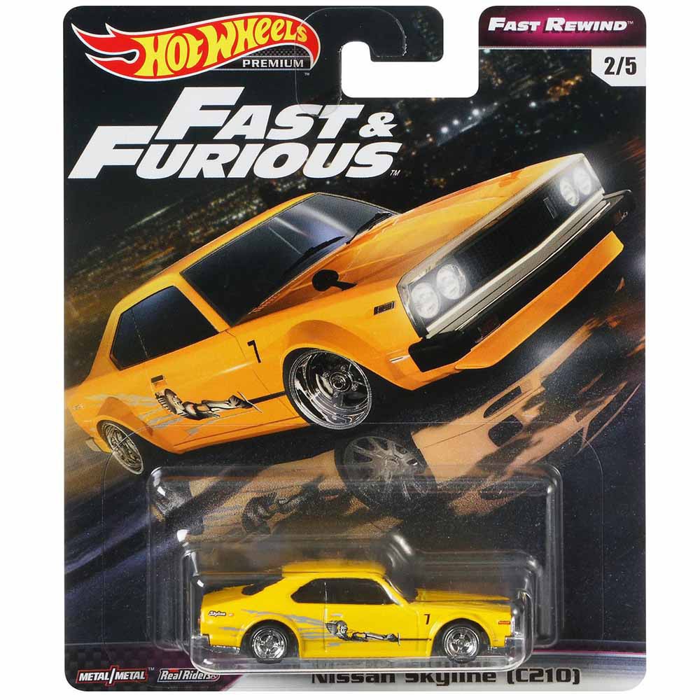 (ล้อยางพรีเมี่ยม) Hot Wheels 1/64 Yellow Nissan Skyline C210 Fast and Furious รถโมเดล Rewind