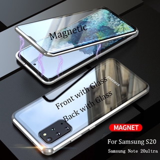 เคสแม่เหล็ก เคสแข็งFor Samsung Galaxy Note 20 Ultra Magnetic Case double-sided Tempered Glass Case for Samsung S20 Ultra S20 Plus Metal Bumper Case Magnet Metal Flip Cover Hard Front And Back 360 Protection Casing