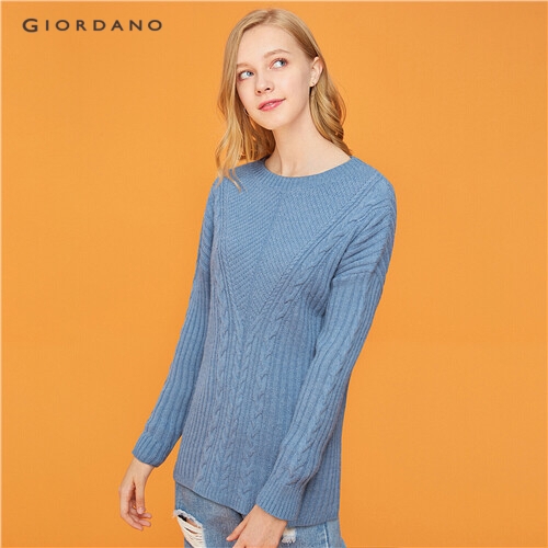 GIORDANO WOMEN Thick crewneck cable knitted mid-long sweater 05359624