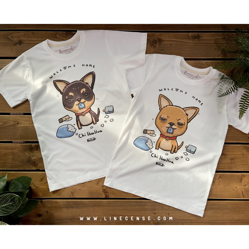 Chihuahua " welcome home " t-shirt เสื้อยืดสีขาวออฟไวท์ ลายหมาชิวาวา