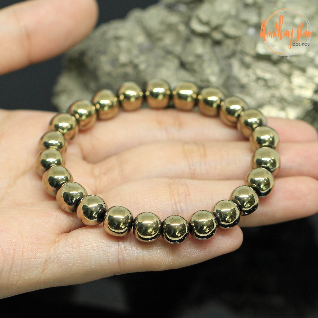 แร่ไพไรต์ ขนาด 8 มิล Pyrite แต่งสี กำไลหินมงคล หินดูดทรัพย์ หินเรียกเงิน หินสี หินมงคล กำไลหิน ไพไรต์ หินสีทอง by.ออมทอง
