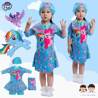 ชุดว่ายน้ำเด็กผู้หญิง My Little Pony สีฟ้า บอดี้สูทเสื้อแขนยาวกระโปรงกางเกง มาพร้อมหมวกว่ายน้ำและถุงผ้า