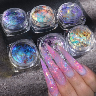 1 กล่อง Aurora โอปอลเล็บผง Glitter สีชมพู Holographic Flakes สะท้อนแสงเล็บเลื่อมประกาย Paillette GLXR01-07