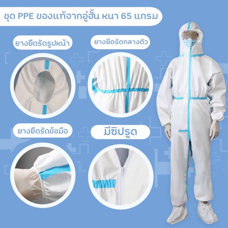 ชุด PPE ของแท้จากอู่ฮั้น หนา 65 แกรม แถบฟ้า ส่งจากไทย