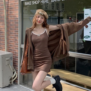 พร้อมส่ง 🐰🩰🥟 Gigi dress &amp; cardigan เดรสสายเดี่ยวสีน้ำตาล เสื้อคลุมวอร์มแขนยาว (แยกชิ้น) (IN38135)