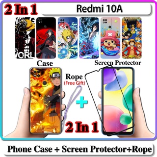 2 IN 1 เคส Redmi 10A พร้อมกระจกนิรภัยโค้ง ป้องกันหน้าจอเซรามิค นารูโตะ และการออกแบบ One Piece