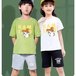 ชุดเซ็ทเด็กแฟชั่น เสื้อยืดลายการ์ตูน+กางเกงขาสั้นสีดำ /  K2201+DD355