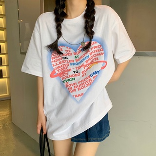 Summer Street Style heart printing chain short-sleeved T-shirt womens cotton loose Street ins top trendy student