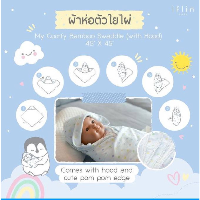 Iflin Baby - My Comfy Bamboo Swaddle (with Hood) ผ้าห่อตัวใยไผ่ (มีHood)