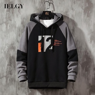 Ielgy เสื้อกันหนาวลําลอง มีฮู้ด ทรงหลวม พิมพ์ลายตัวอักษร สีขาว สไตล์เกาหลี สําหรับผู้ชาย