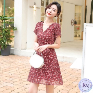 🎏Korea NEW ชุดมินิเดรส สีแดง  พิมพ์ลายดอกไม้ คอวี แขนสั้น แฟชั่น