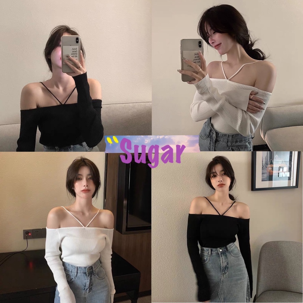 Sugar พร้อมส่ง เสื้อไหมพรม แขนยาว เปิดไหล่ มีลูกเล่นสายตรงไหล่สวยมาก(11202-1)