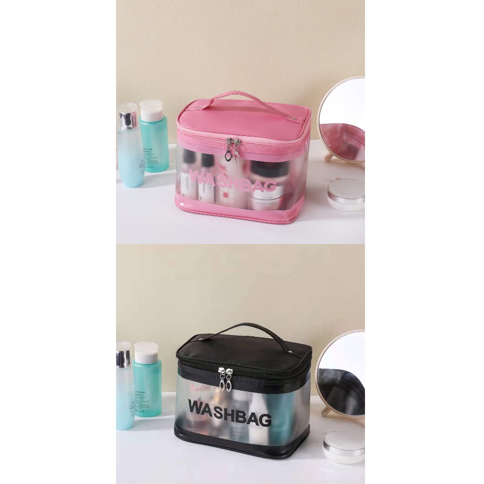 กระเป๋าใส่เครื่องสำอาง PVC แบบใส กันน้ำ มีที่เก็บแปรง (สีชมพูอ่อน,สีดำ)