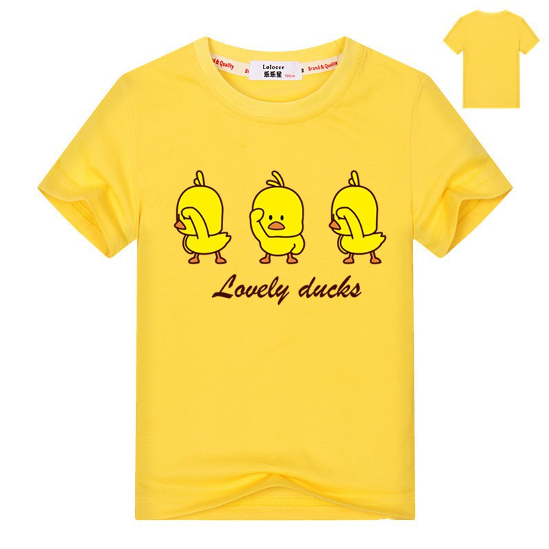 เสื้อยืดแขนสั้นพิมพ์ลายการ์ตูนเป็ดสีเหลืองสำหรับเด็ก
