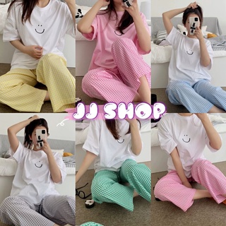 JJ Shop​💜​พร้อมส่ง ชุดนอน เสื้อยืด+กางเกงขายาวลายสก๊อตสไตล์​เกาหลี​น่ารัก "DX-Smile-01"  09 -N