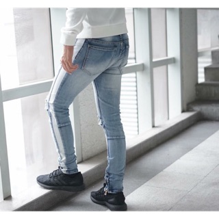 blue wash track zipper jeans