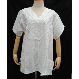 เสื้อขาวคอตตอนแขนสั้น​plus size ปักมือ อก 53-54" ยาว 30"