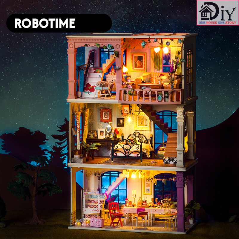 Diy ROBOTIME IFREE โมเดลบ้านตุ๊กตาประกอบไม้พร้อมไฟภายในและ LED (พร้อมเครื่องมือกาว) - ของขวัญไม้ DIY