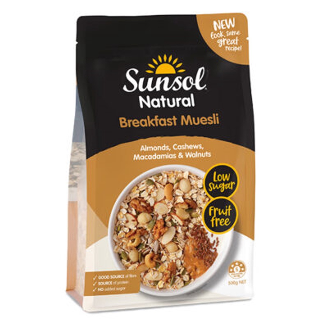 Sunsol Natural Breakfast Muesli Low Sugar 500g.ซันซอล เนเชอรัล เบรคฟาสต์ มูสลี่ สูตรน้ำตาลน้อย ซีเรียล กราโนล่า อาหาร