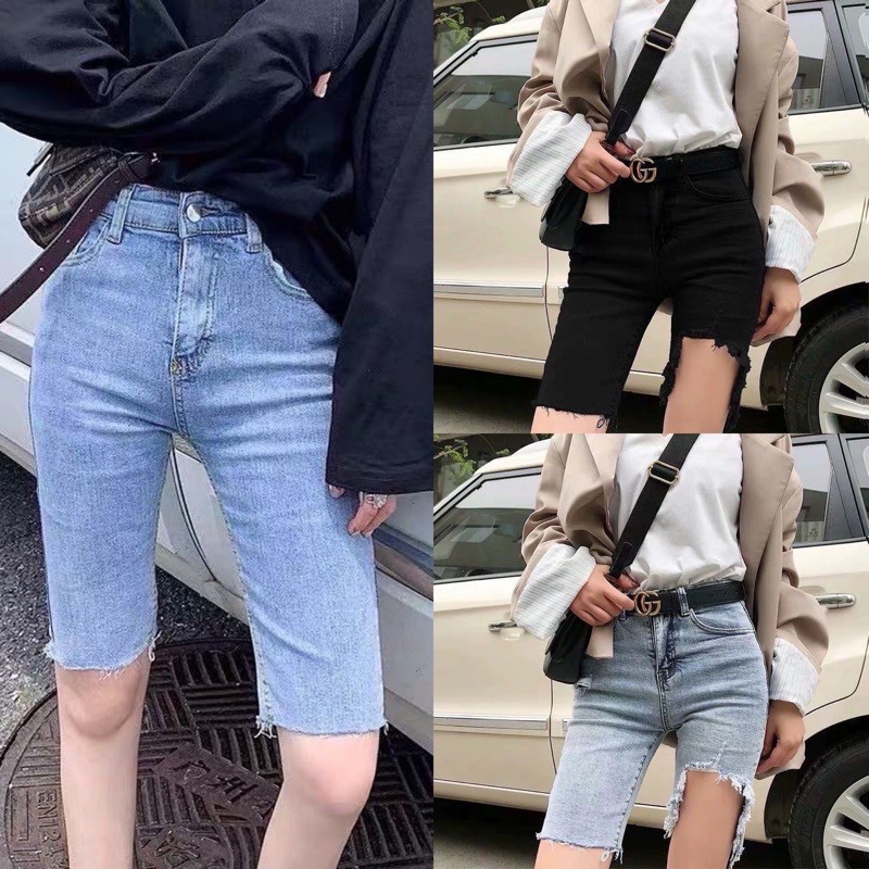 พร้อมส่งในไทย กางเกงยีน​ส์​ขา 3 ส่วน เอวสูง ผ้ายืด แต่งขาด ชิวๆแซ่บๆ รุ่น CP305 / CP306