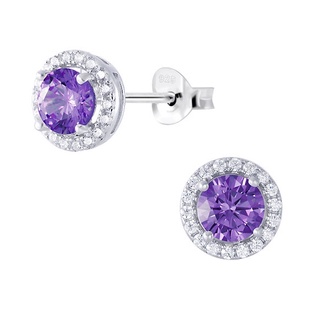 Amethyst stud earrings silver round cubic zirconia ต่างหูเพชรสีม่วงล้อมด้วยเพชร cz