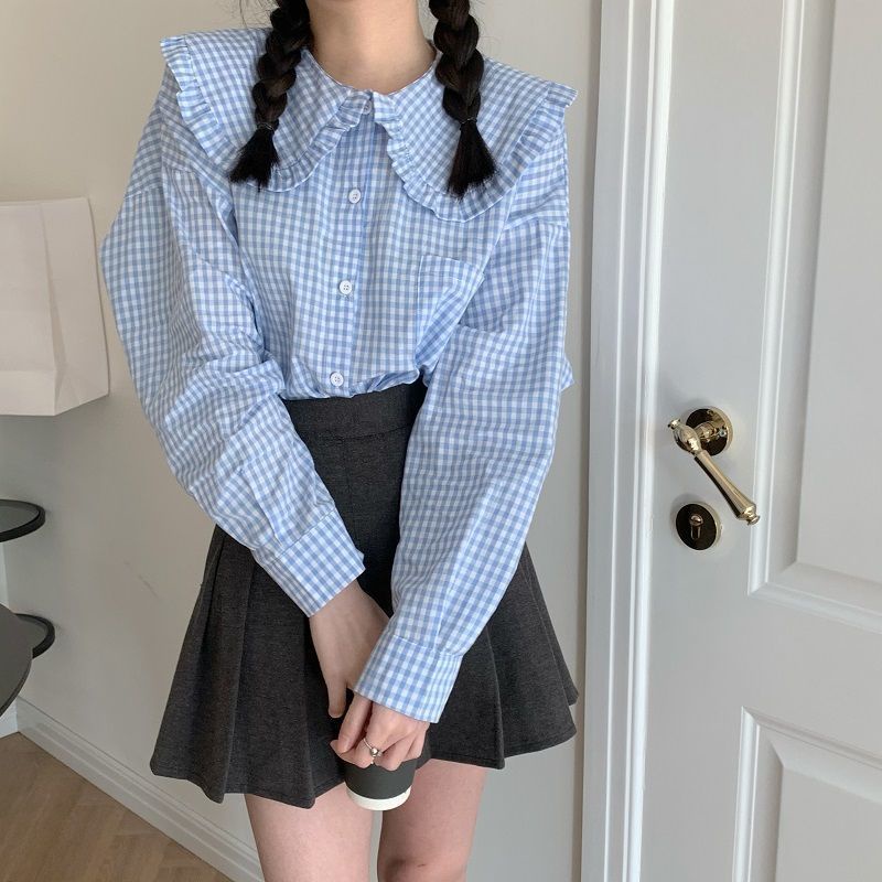 พร้อมส่ง เสื้อเชิ้ตลายสก๊อตสีฟ้าเสื้อเชิ้ตสไตล์เกาหลีหลวมแขนยาวตุ๊กตาปกเสื้อลูกไม้