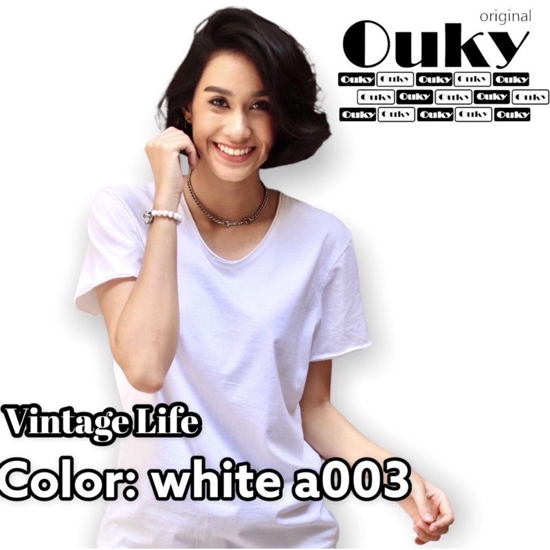 Ouky เสื้อยืดสีขาว เสื้อสีพื้น Original Vintage Washed Cotton100%