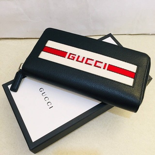 (สด-ผ่อน)🎗เเท้100% GUCCI  Logo Stripe Leather Zip Aroundpurse Black