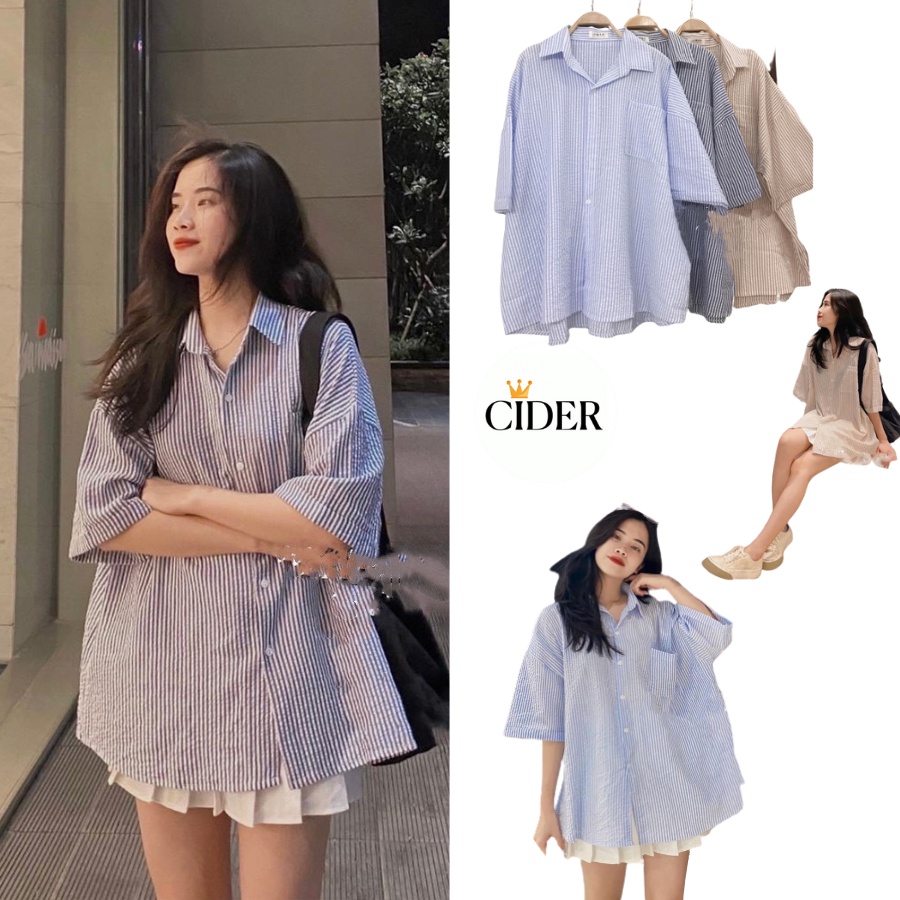 เสื้อเชิ้ตทรงหลวมเกาหลีลายทางสีน้ําตาลหลากสีทรงหลวมพื้นฐาน