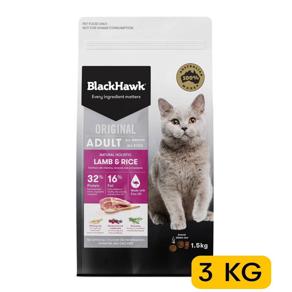 อาหารสัตว์ อาหารแมว BlackHawk ขนาด 3 KG โปรตีนสูง ธาตุเหล็ก B12 บำรุงขน เกรตนำเข้า สำหรับแมวแพ้ง่าย 