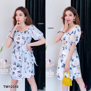 TW12080 Dress เดรสลายดอก ป้ายไขว้ผูกเอว แขนสั้น แมสผ้า ดีเทลไหล่แขนพอง มีเชือกผูกเอวให้เข้ารูปสวย มีซิปหลัง งานผ้าวูลพีท