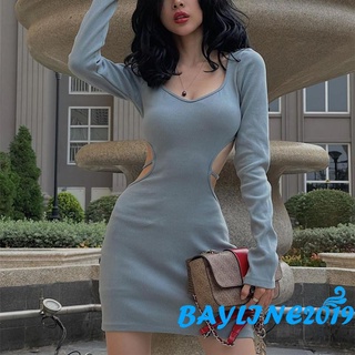 Bay-Women Short Bodycon Dress Solid Color Back Hollow-Out Long Sleeve Low-Cut Dress Spring Wrapped Hip Dress