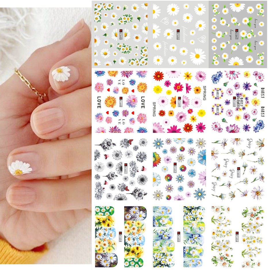 12 ชิ้น Daisy สติ๊กเกอร์ติดเล็บฤดูร้อนออกแบบเล็บ DIY ดอกทานตะวัน Cherry Blossoms Water Sliders ตกแต่งเล็บ Decals