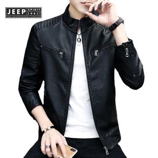 JEEP SPIRIT 1941 ESTD 2022 เสื้อแจ็กเก็ตหนัง สีดํา สําหรับผู้ชาย
