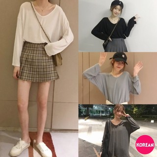 🎀Korean Fashion🎀เสื้อยืดคอวีแขนยาว ทรงโอเวอร์ไซส์ สีพื้น 4 สี แฟชั่น