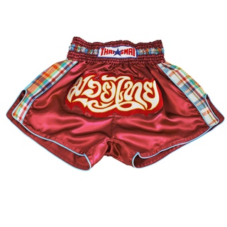 THAISMAI - KM กางเกงมวยไทย ผ้าต่วน แถบผ้าขาวม้า ปักมวยไทย - Thai Boxing Shorts KM Satin