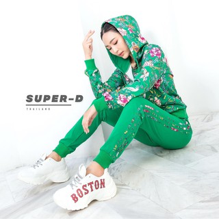 SuperD Seasonal Hoodie Jacket + Pants เสื้อฮู้ดแจ๊คเก็ต ลายดอกไม้ คู่กับกางเกงขายาว CODE:2015 (Green)