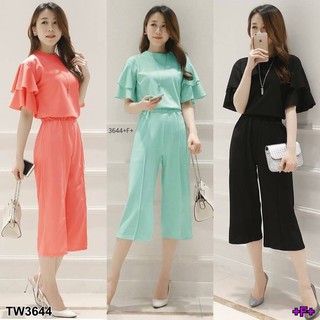 TW3644 Set 2 ชิ้น เสื้อกระดุมหลัง แขนระบาย 2 ชั้น+กางเกาง 6 ส่วน