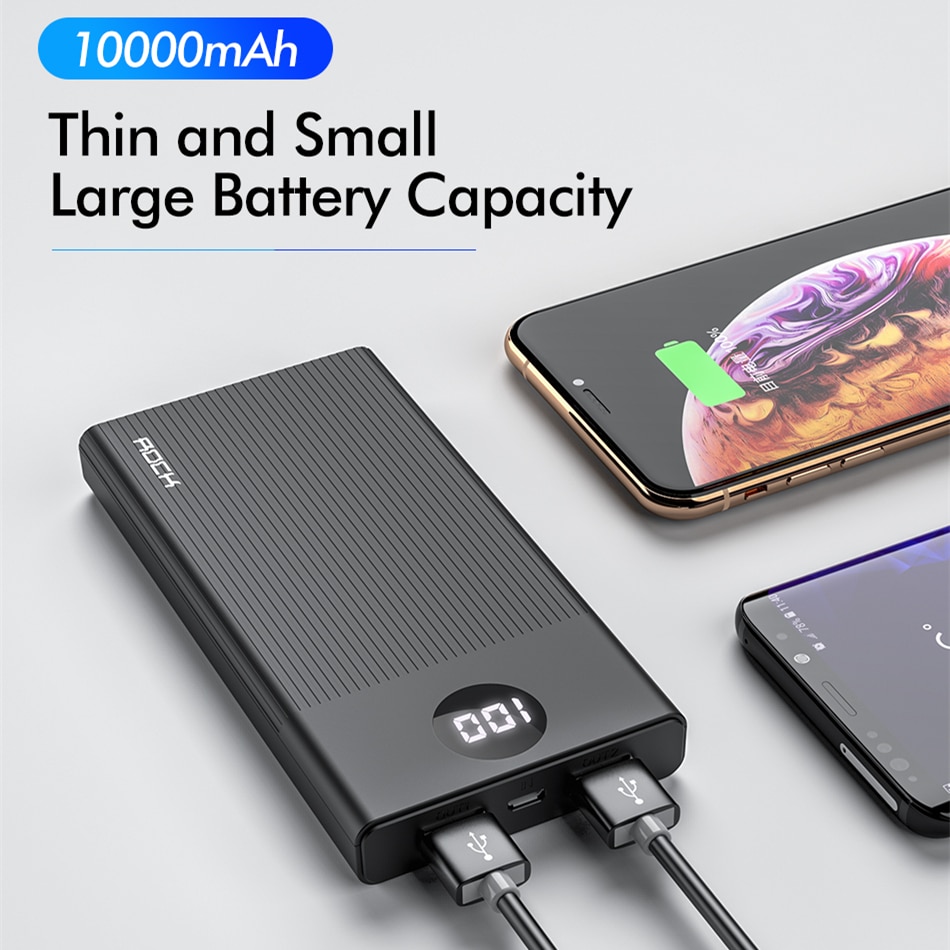 Original ROCK 10000mAh Power Bank Led Display Portable External Battery