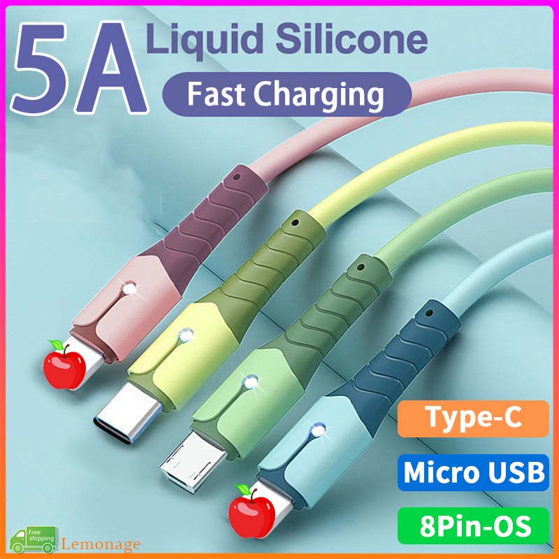 สินค้าพร้อมซิลิโคนเหลว 5A สายชาร์จเร็ว Android Micro USB Type C สายชาร์จโทรศัพท์สายเคเบิลข้อมูลพร้อมไฟ LED